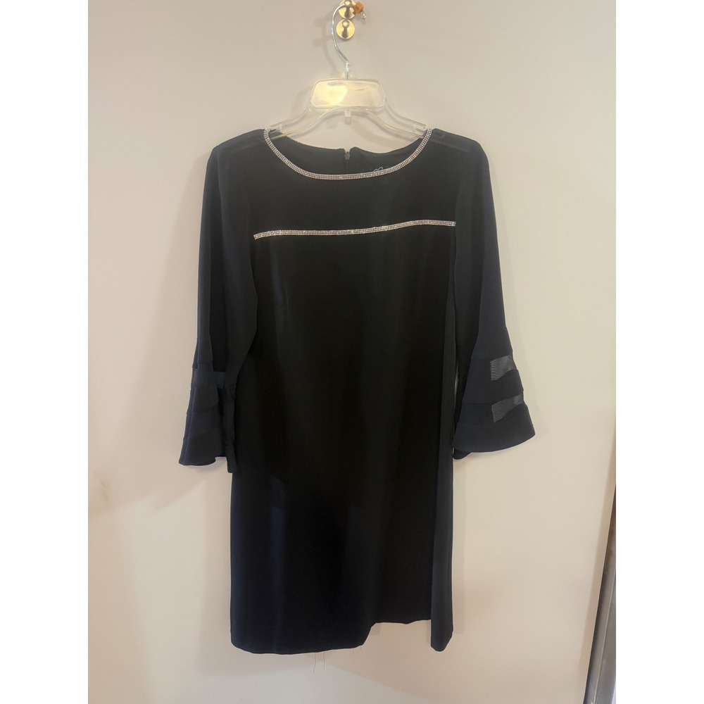 Prelude Black Rhinestone Trim Bell Sleeve Shift Dress Womens Small Cocktail